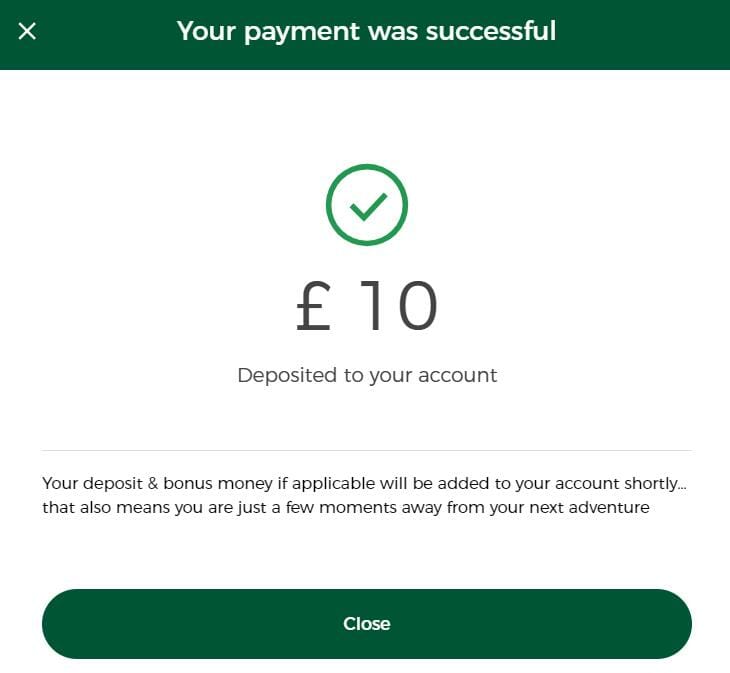 Successful payment notification on Mr Green 