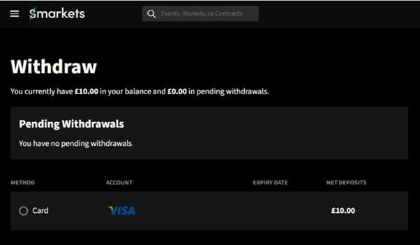 Smarkets withdrawal process screenshot