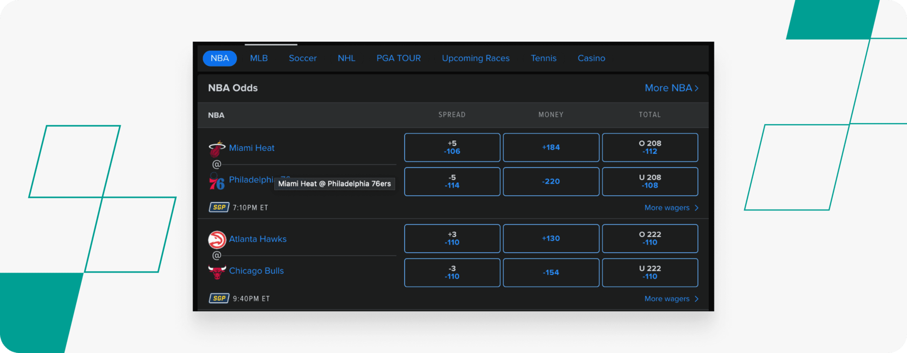 screenshot showing fanduel nba odds