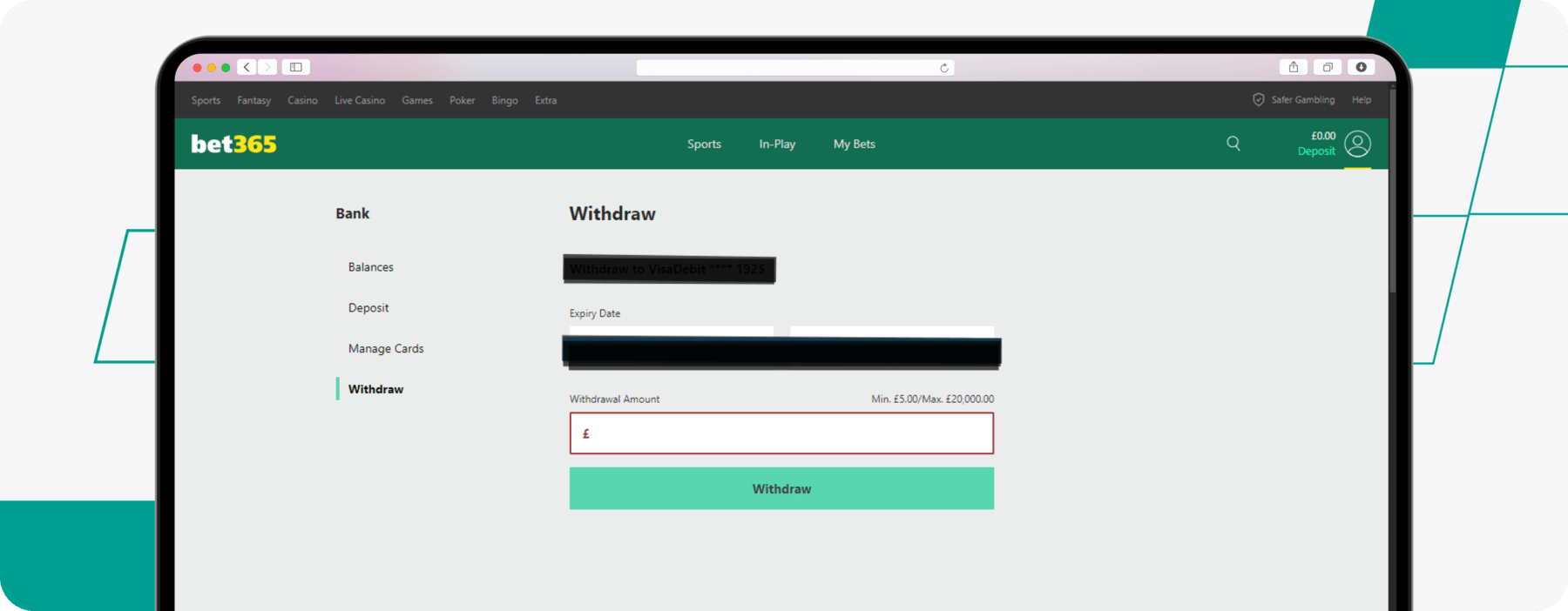 screenshot showing bet365 withdrawal page